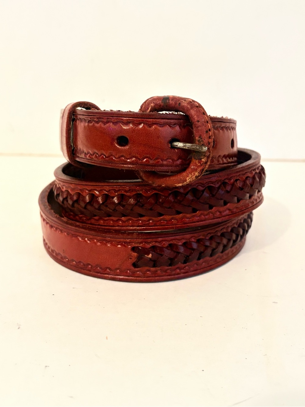 Brown Leather Braided Inset & Tooled Border Belt